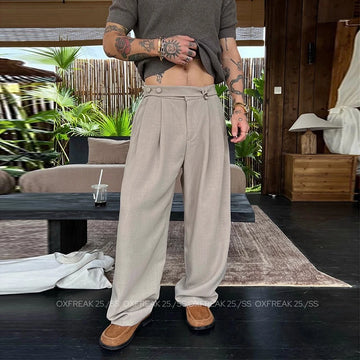 New Retro Fashion Men Suit Pants Light Luxury Draped Baggy Belt Button-down Solid Color Straight Trousers Elegant Dress Pants